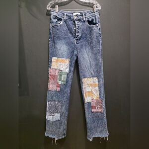 SO Super High Rise DAD Jeans Patchwork Raw Hem Acid Wash Sz 9/29W Junior Button